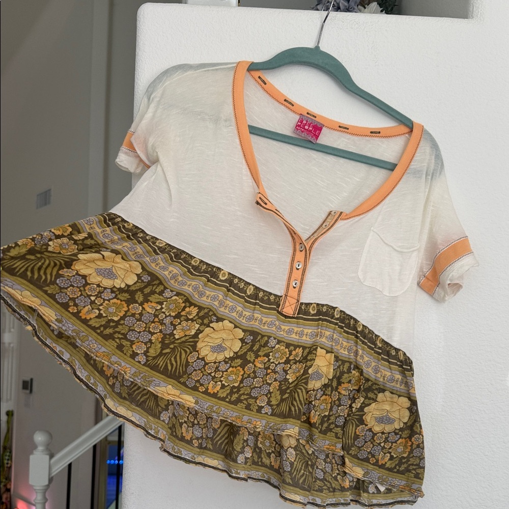 Free People Cream Scoop-Neck Blouse with Peach Trim & Olive Floral Hem - Picture 4 of 6